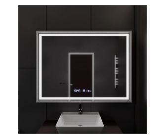 Pravokotno LED ogledalo, 120x80cm, srebrn okvir z Motion Glow, sistem proti rosenju, ura in termometer, zatemnitev