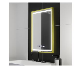 Pravokotno LED ogledalo, 50x70cm, zlata barva, Motion Glow, sistem proti rosenju, ura in termometer, zatemnitev