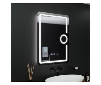 Prostokątne lustro LED, 60x80 cm, Eclat MotionGlow Marcello, zegar i termometr, system przeciwmgielny, lupa kosmetyczna, ściemni