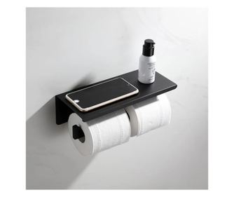 Dvostruki držač za toaletni papir s policom za mobitel/parfem - Sjajno crni