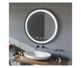 Kerek LED Tükör, 100cm, Fekete MotionGlow Marcello, Páramentesítő Rendszer, Óra és Hőmérő, Szabályozható Fényerő