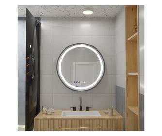 Okruglo LED ogledalo, 80 cm, crno MotionGlow Marcello, odmagljivač, sat i termometar, prigušivo