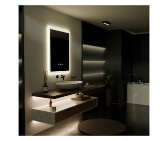 Pravokotno LED ogledalo, 60x80cm, s senzorjem gibanja, sistemom proti rošenju, uro in termometrom, zatemnitveno