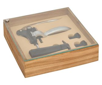 Комплект аксесоари за бар Farmex, тирбушон, помпа за вакуумиране, дървена кутия