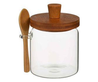 Стъклен съд от боросиликатно стъкло Pufo за съхранение на подправки, захар, кафе, с дървен капак и лъжица, 500 мл