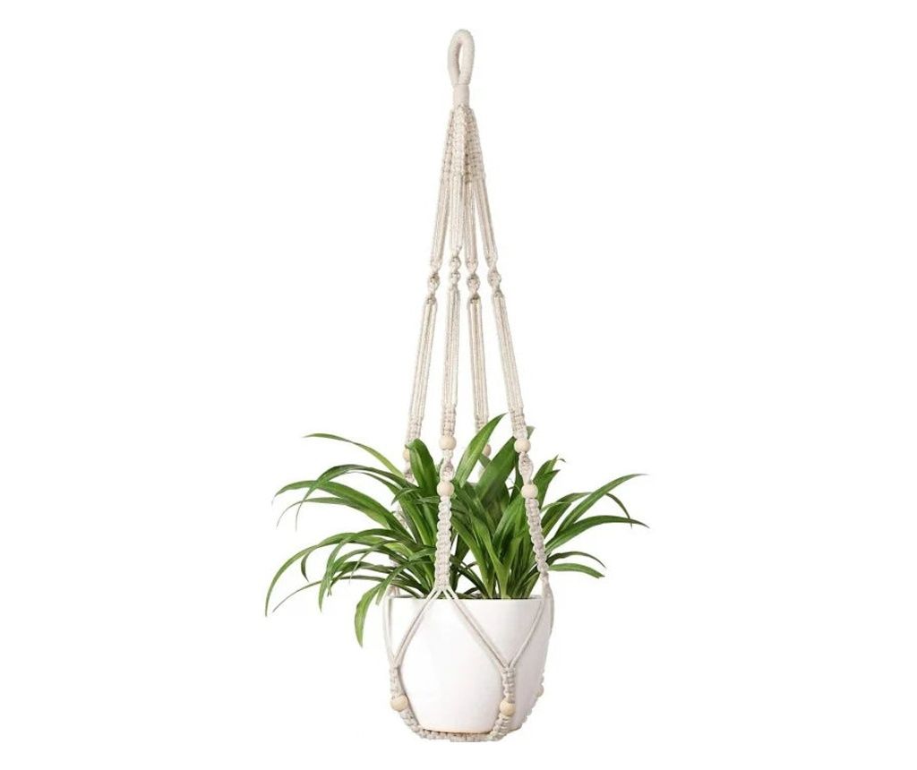 Decorative Plant with Green Leaves and Macrame Hanging Holder, 90 cm