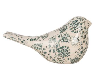 Kerámia madár figura, bézs és zöld, 25x10x13 cm