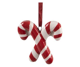 Set of 3 Candy Cane Christmas Ornaments, White and Red Ceramic, 6x2x8 cm