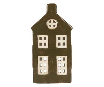 Christmas House Candle Holder, Ceramic, Green and Cream, 8x6x16 cm