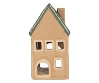 Christmas House Candle Holder, Ceramic, Green and Beige, 6x6x11 cm