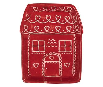 Gingerbread House Plate, Red/Brown Ceramic, 15x19x3 cm
