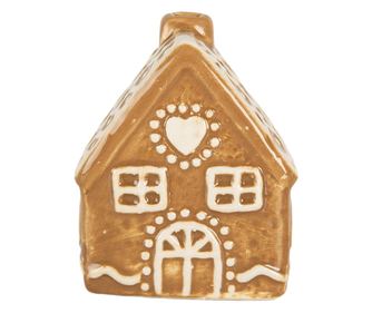 Mézeskalács házikó karácsonyfadísz, fehér és barna kerámia, 6x4x7 cm