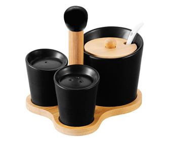 Set servire Florina Adria Black, portelan, bambus, pentru condimente, 16 x 13 x 12 cm