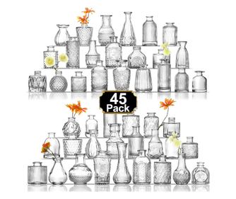 Set Vaze Mini Vintage Design, Modele Gravate din Sticla – 16, 30, 32 sau 45, diverse culori - Set 45 bucati, Transparent