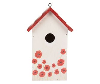 Kućica za ptice, drvo, bijela, crvena, crna, ukras mak, 15x10x22 cm