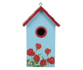Kućica za ptice, drvo, crvena, plava, zelena, dekoracija ruža, 15x10x22 cm