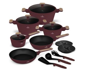 Sada hrnců a pánví Leonardo Nordic Berlinger Haus BH 8306, 15dílná, nepřilnavá, rukojeti s dřevěnou vložkou, matně vínová