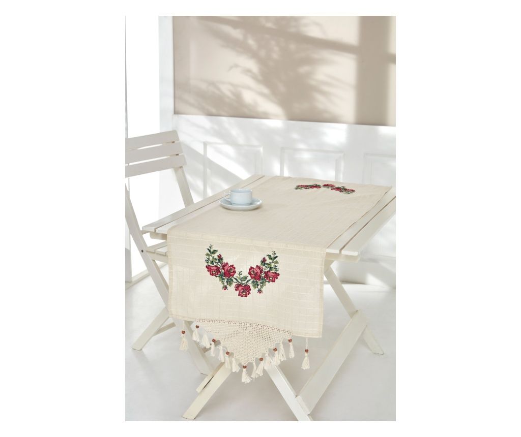 Table Runner, Buldan, 100% Cotton, Embroidered, with Tassels, 50x150cm, Red Roses