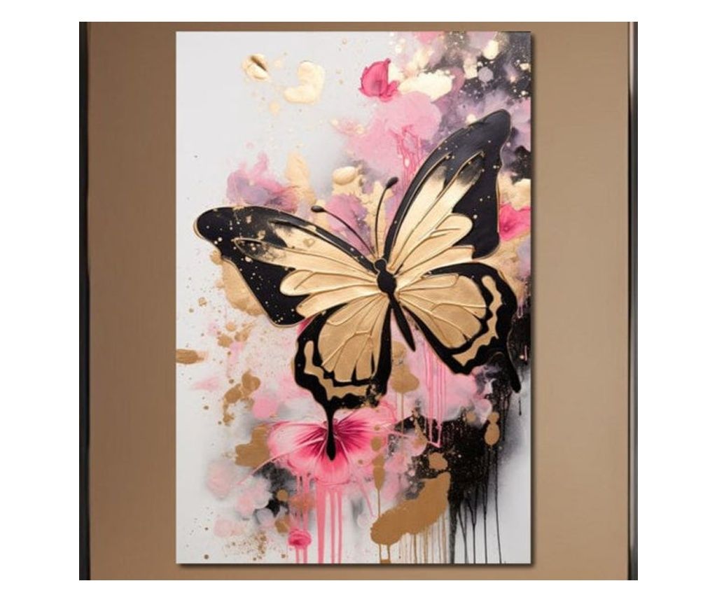 Tablou Canvas Premium, LuxCanva® M1137, Fluturele din Cerneala, Roz, Auriu, Graffiti, Aripi, Fluture, Insecta, Street Art, Moder