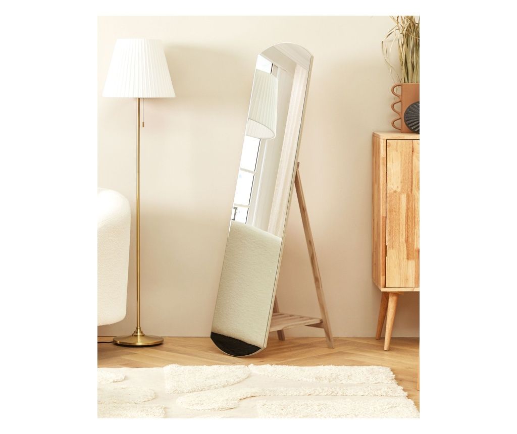 CHERBOURG 150 cm Floor Mirror with Shelf, Pine Wood, Light Brown