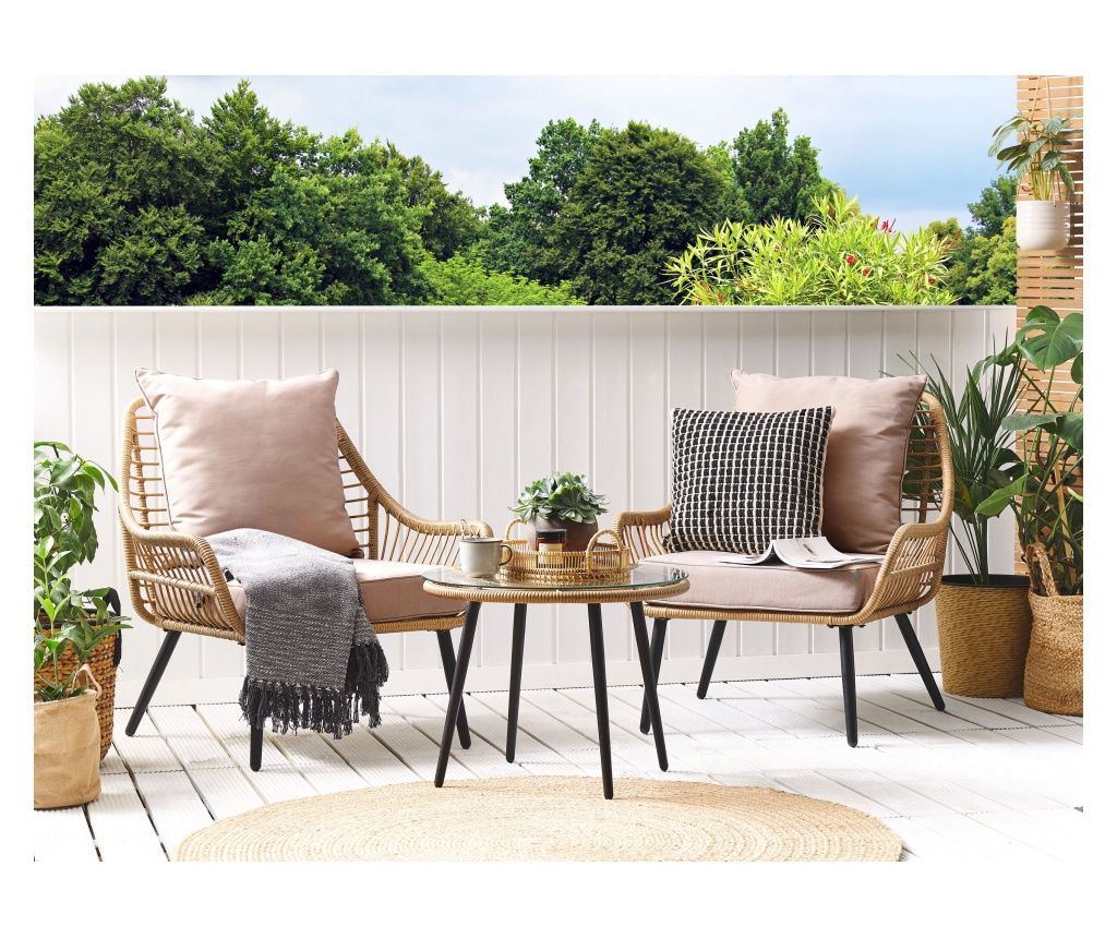 LAURETO Garden Furniture Set with Cushions, Synthetic Rattan, Natural