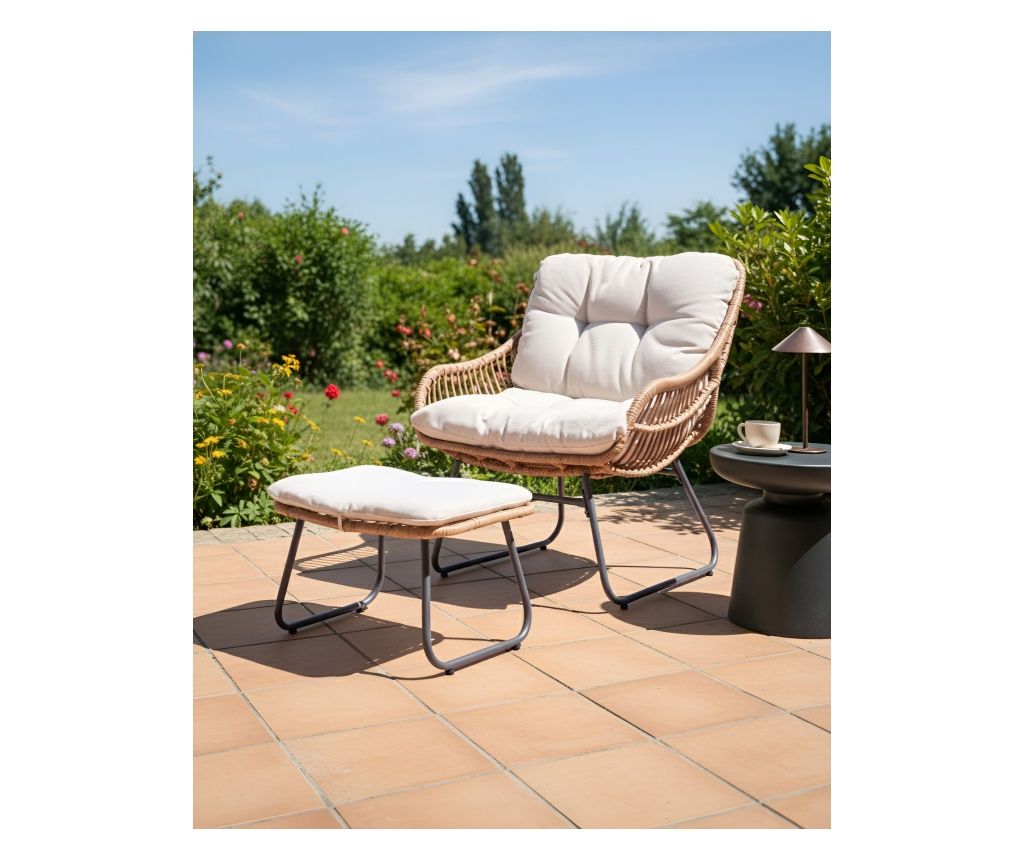 MESTRE Garden Chair with Footstool, Synthetic Rattan, Light Beige