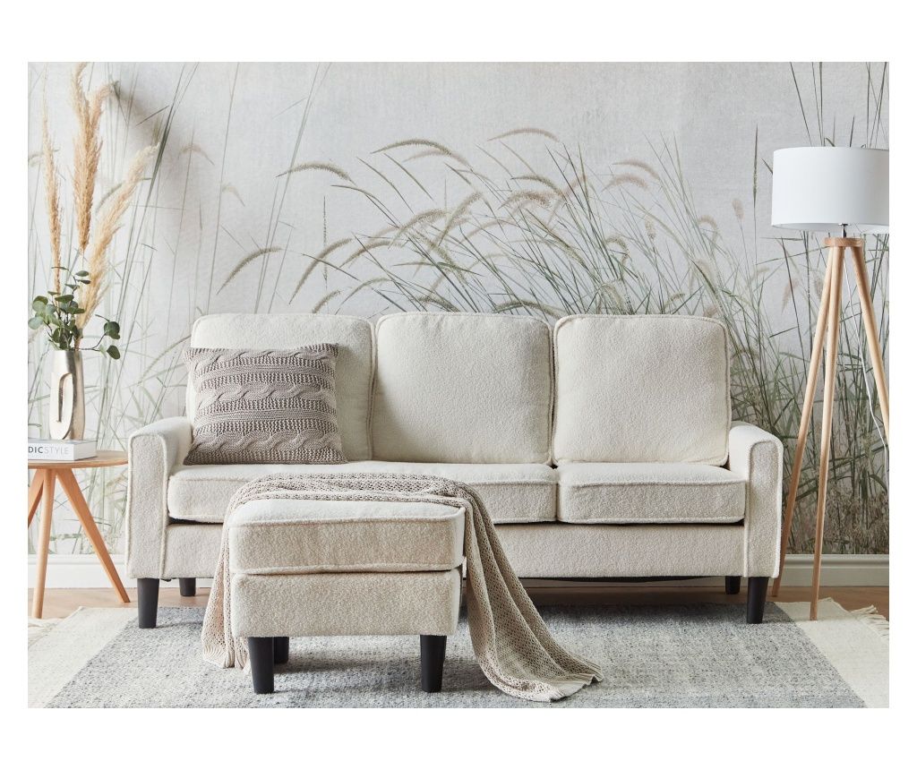 Canapea cu 3 locuri AVESTA Boucle Alb cu otoman