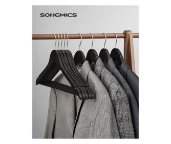 SONGMICS Umerase haine 45x23 cm, set 20 buc, lemn masiv cu bara pentru pantaloni si carlig rotativ, negru