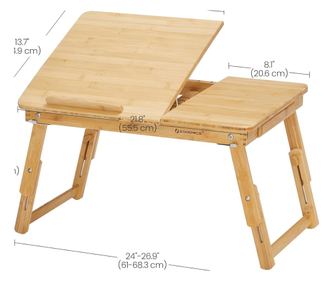 SONGMICS Bambusova miza za prenosnik/zajtrk, nastavljiva višina in kot, s stranskim predalom, 68x35x22-32 cm, naravna