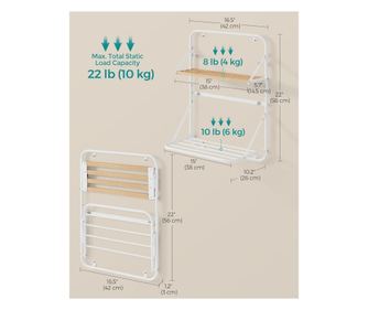 SONGMICS Zložljivo stensko držalo za brisače s 5 palicami, polica za shranjevanje, jeklo, 26x38x56 cm, bela