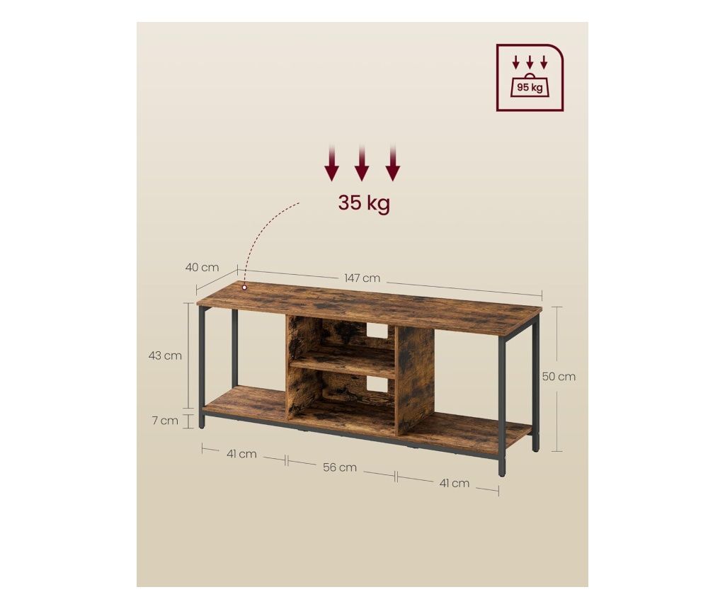 VASAGLE Έπιπλο Τηλεόρασης για Τηλεοράσεις έως 65 ιντσών, Μεταλλικός Σκελετός, Βιομηχανικό Στυλ, Ρουστίκ Καφέ, 147x40x50 εκ.