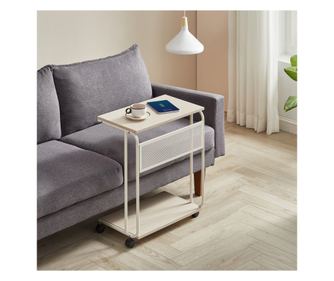 VASAGLE Masuta laterala laptop pe roti, 55x33x66 cm, stil industrial, crem