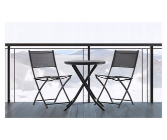 Set mobilier balcon pliabil cu masa sticla si 2 scaune, structura metalica, 60x70 cm, negru