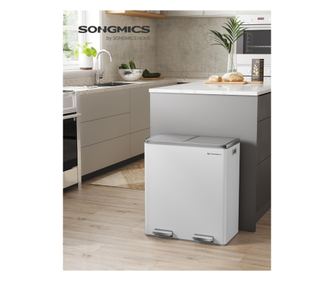 SONGMICS Cos gunoi dublu 59x32x65 cm, 2x30L, cu pedale si galeata detasabila, alb