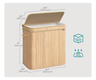 SONGMICS Cos rufe 63x42x61 cm, 150L, pliabil cu capac si sac lavabil, bambus si textil, bej natur