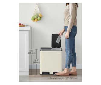 SONGMICS Cos de gunoi dublu 41x32x47 cm, 2x15L, pedale separate, capac soft-close si galeata detasabila, bej si negru