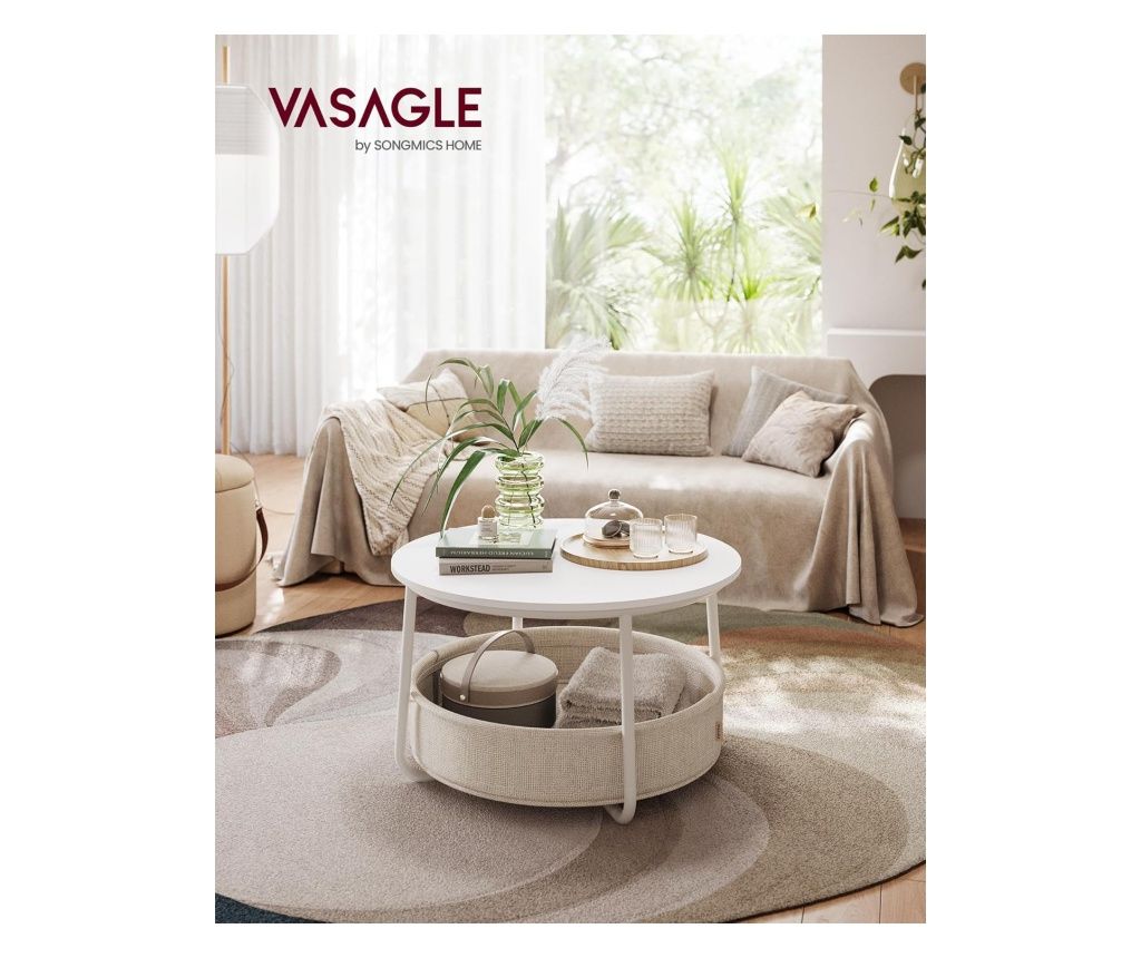 VASAGLE Masuta de cafea rotunda cu cos de stofa, stil modern, 45x75cm, alb cu bej