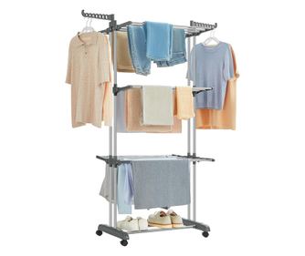 SONGMICS Navpično stojalo za sušenje perila, mobilno in zložljivo, z dvema obešalnikoma, 64x126x172 cm, nosilnost 35 kg