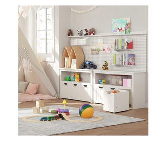 VASAGLE Comoda cu spatiu depozitare jucarii, 3 dulapuri mobile, 102x30x60 cm, alb