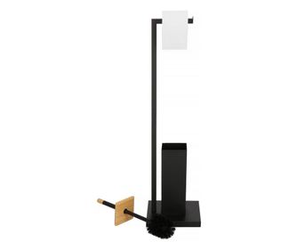 Stand cu perie WC si suport hartie igienica, metal si bambus, 79cm, negru