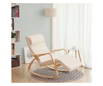 SONGMICS Дървен люлеещ се стол с регулируема поставка за крака, макс. 150 кг, 55x115x91 см, бежов
