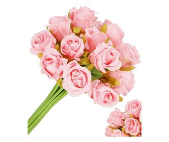 Műanyag poliészter virágcsokor, 12 rózsa, 26 cm, rózsaszín