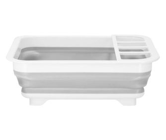 Zložljivo stojalo za sušenje posode, plastika in silikon, 36x31x12 cm, z držalom za pribor, belo-sivo