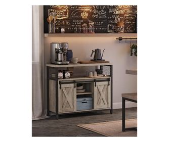 VASAGLE Шкаф за всекидневна или кухня, с 2 плъзгащи се врати, регулируеми рафтове, рустик стил, 33x100x80 см, сив