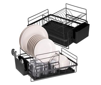 Uscator de vase cu suport tacamuri, din otel, pe 2 nivele, cu tava de scurgere, 50x30x24cm, negru