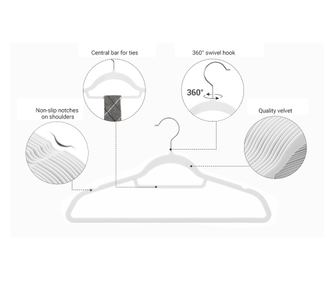 SONGMICS Set de 50 de umerase pentru haine, anti-alunecare cu catifea, bara de cravata si carlig pivotant, 43,5 cm, alb