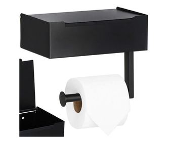 Jekleno držalo za toaletni papir s predalom za shranjevanje, vključen sistem za montažo, 22 cm, črna bež
