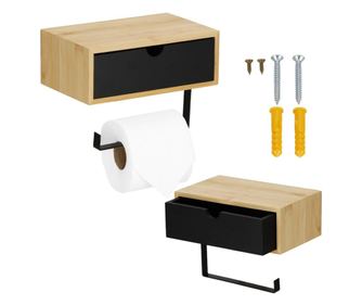 Jekleno držalo za toaletni papir s predalom za shranjevanje, vključen sistem za montažo, 22 cm, črno-bež