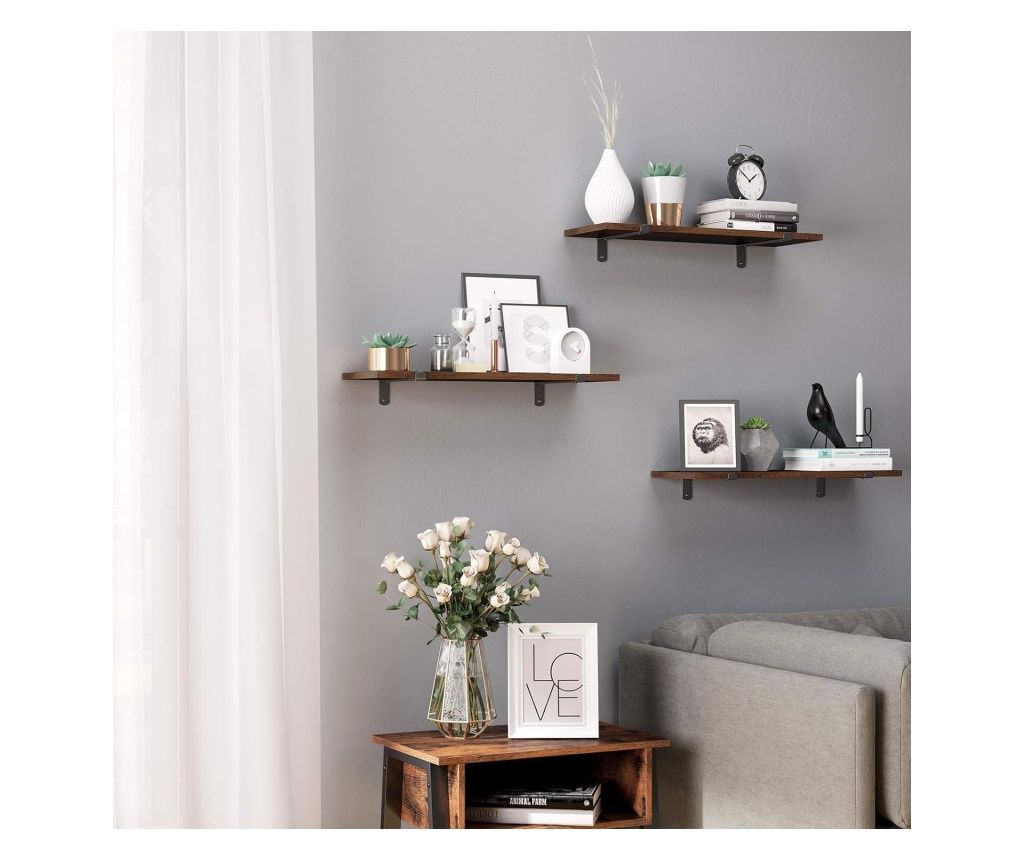 SONGMICS Set of 2 Floating Wall Shelves, Vintage Wood Effect, 60x20cm, 15 kg Capacity Each, Rustic Brown
