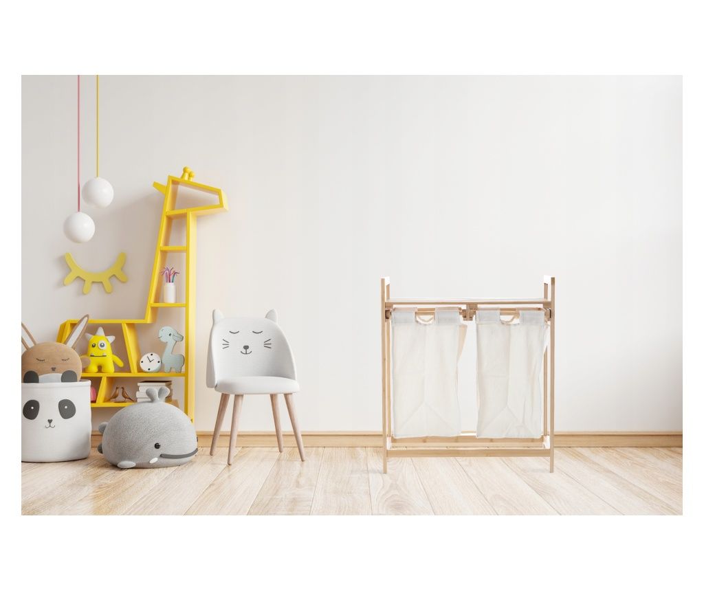 Cos de rufe din bambus si blat din lemn, 2 cosuri din panza, 64x73x33cm, natur